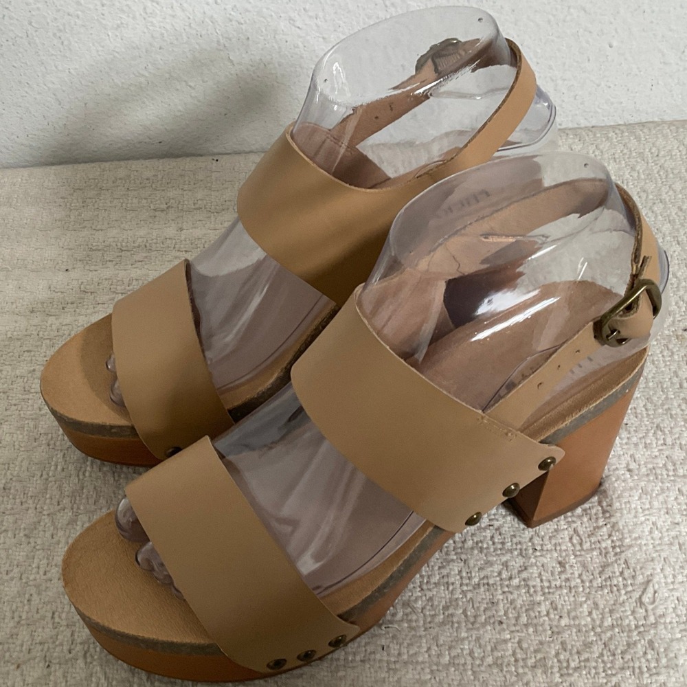 Lucky Brand Harimony Tan Leather Platform Block Heel Sandals 6M LP-HARIMONY